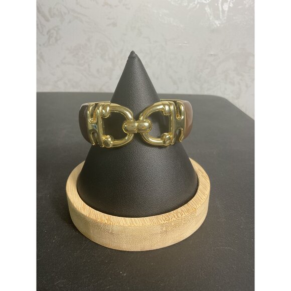 Vintage Carolina Herrera Brown Enamel Gold Tone Clamper Bracelet - Picture 1 of 4